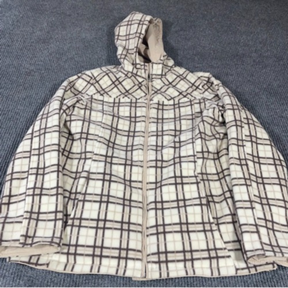 Izod Jacket Womens Large L Beige Plaid Fleece Reversible Hooded Pockets Warm